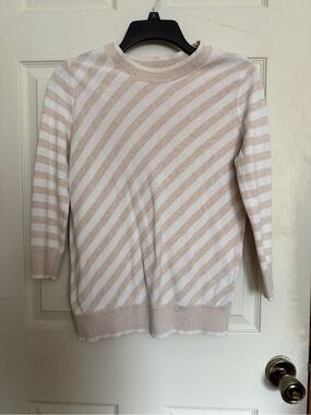 Tommy Hilfiger Beige and White Striped Crewneck Sweater